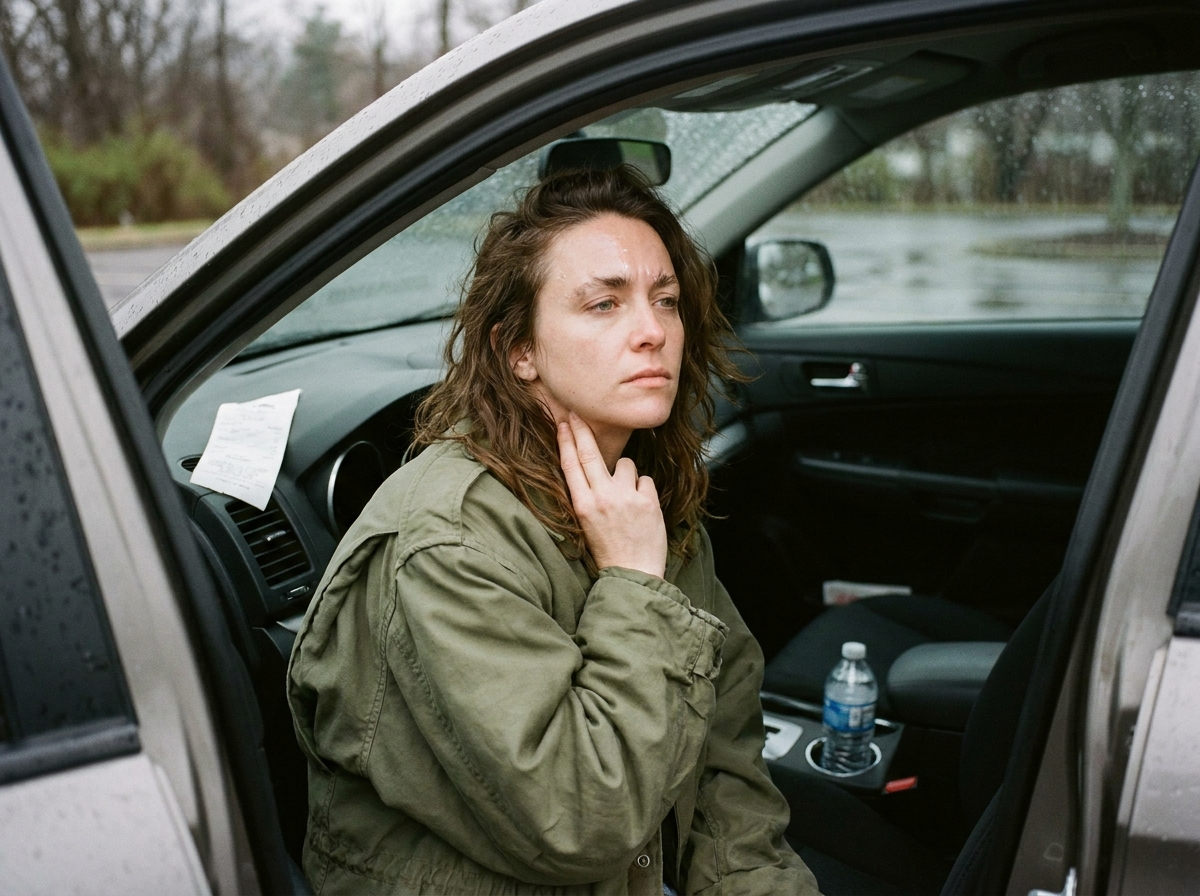 Woman sitting in open car door pressing fingers to her neck, looking dazed after an accident, overcast daylight