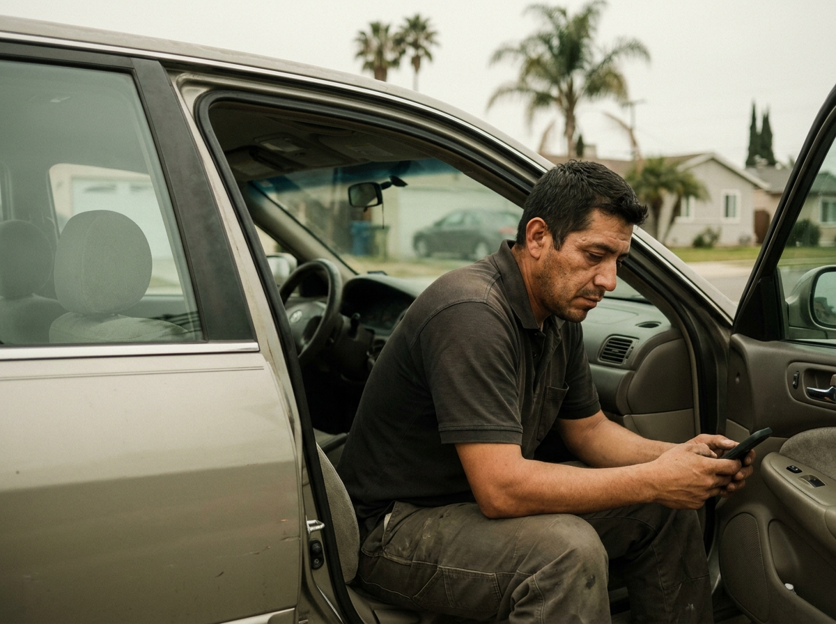 A man in his late 30s sits sideways in a parked car with the door open, looking down at his phone on a grey overcast morning.