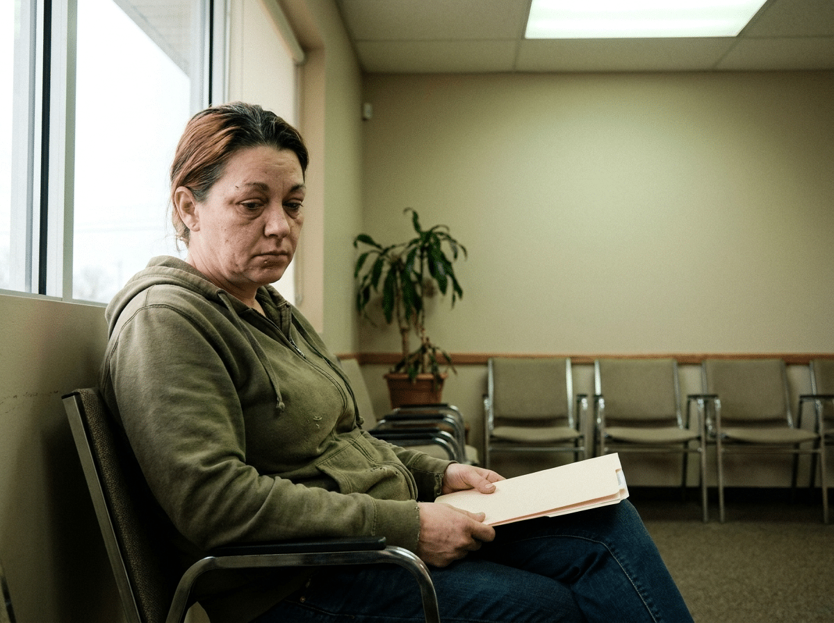 A tired woman in her mid-40s sits in a clinic waiting room, looking down at a folder in her lap, caught mid-thought