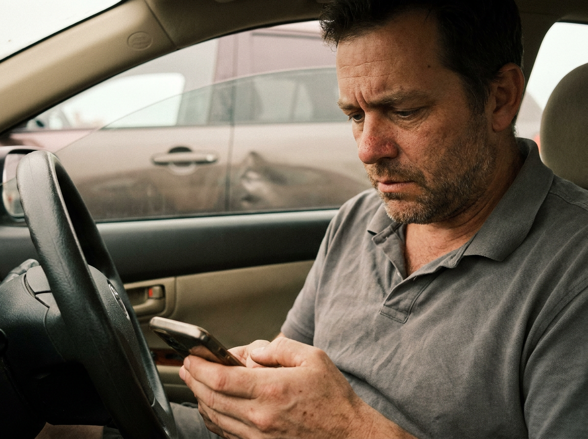 A middle-aged man sitting in a car after a minor accident, looking at his phone with a tired, uncertain expression under flat overcast light.