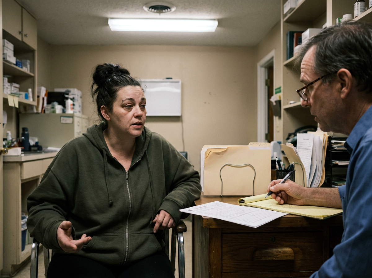 A woman describing her symptoms to a clinician across a desk during an initial intake appointment at a small clinic office