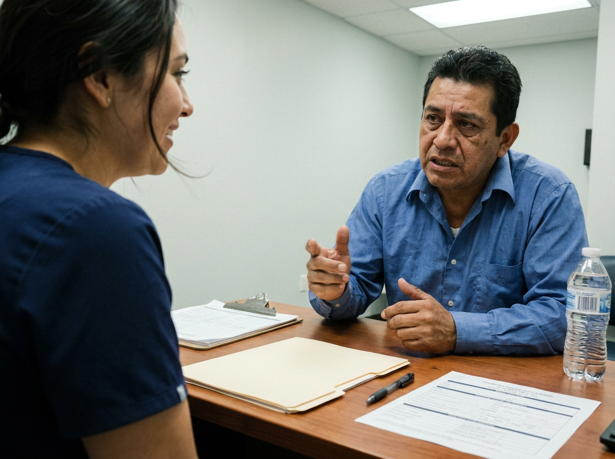 A patient speaking with a chiropractic clinic staff member across a desk during an intake consultation in a small medical office.