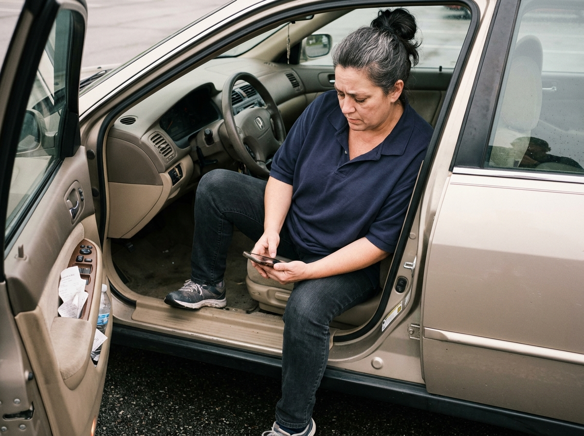 Woman sitting in the open door of a stopped car after an accident, looking at her phone with a concerned expression in soft overcast daylight
