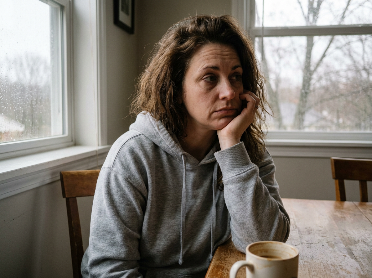 A tired woman in her mid-40s sitting at a kitchen table in the morning, looking uncertain, coffee mug nearby.