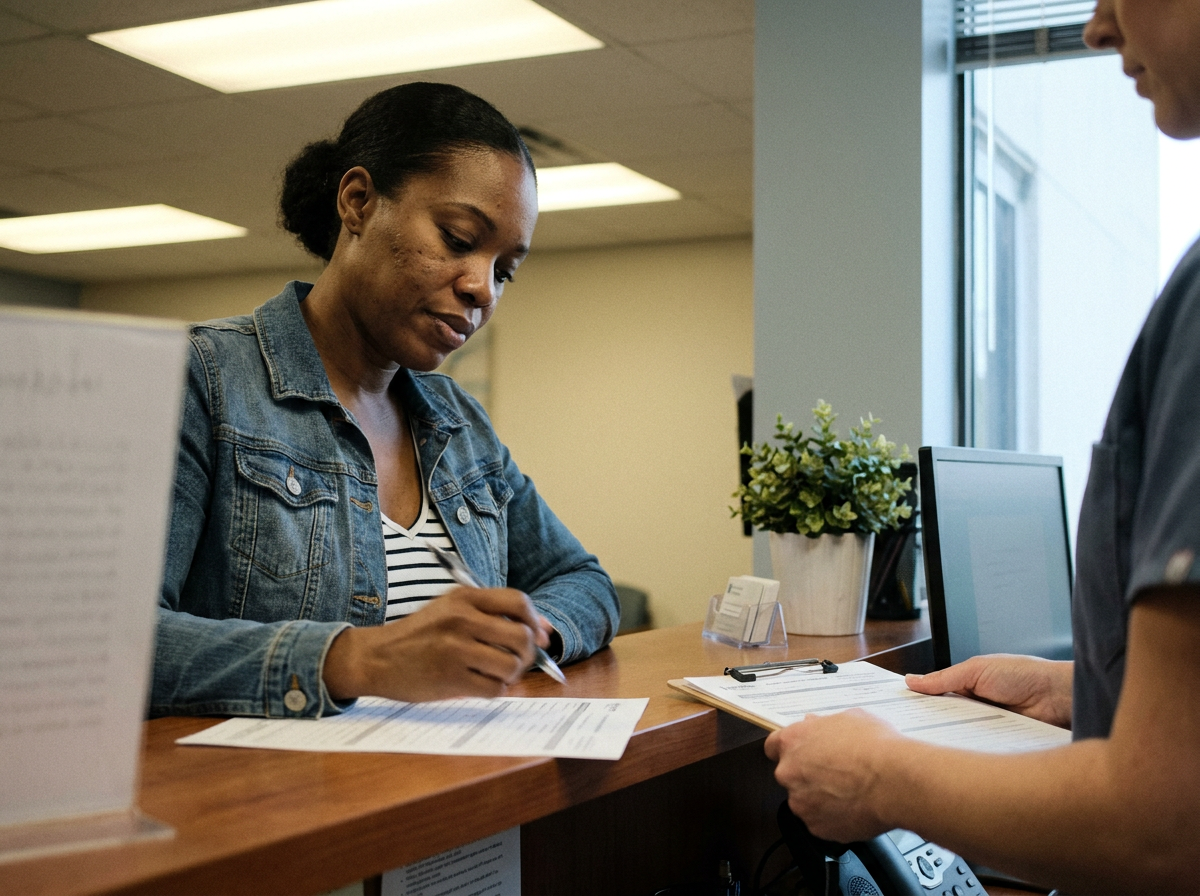 A woman in her mid-thirties fills out intake paperwork at a chiropractic clinic front desk, pen in hand, under office fluorescent light.