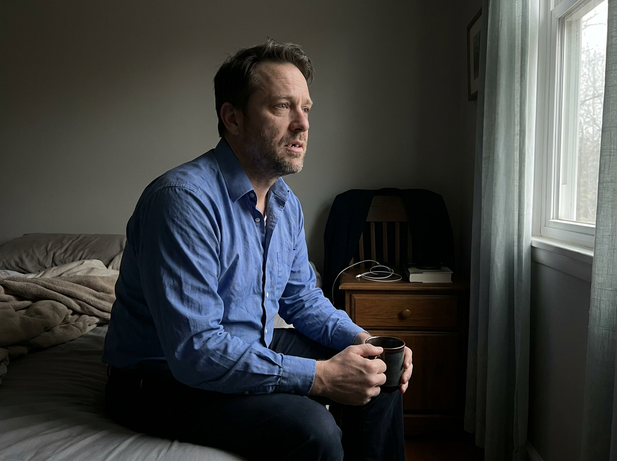 Middle-aged man sitting on the edge of his bed in the morning, looking tired and preoccupied, holding a coffee mug