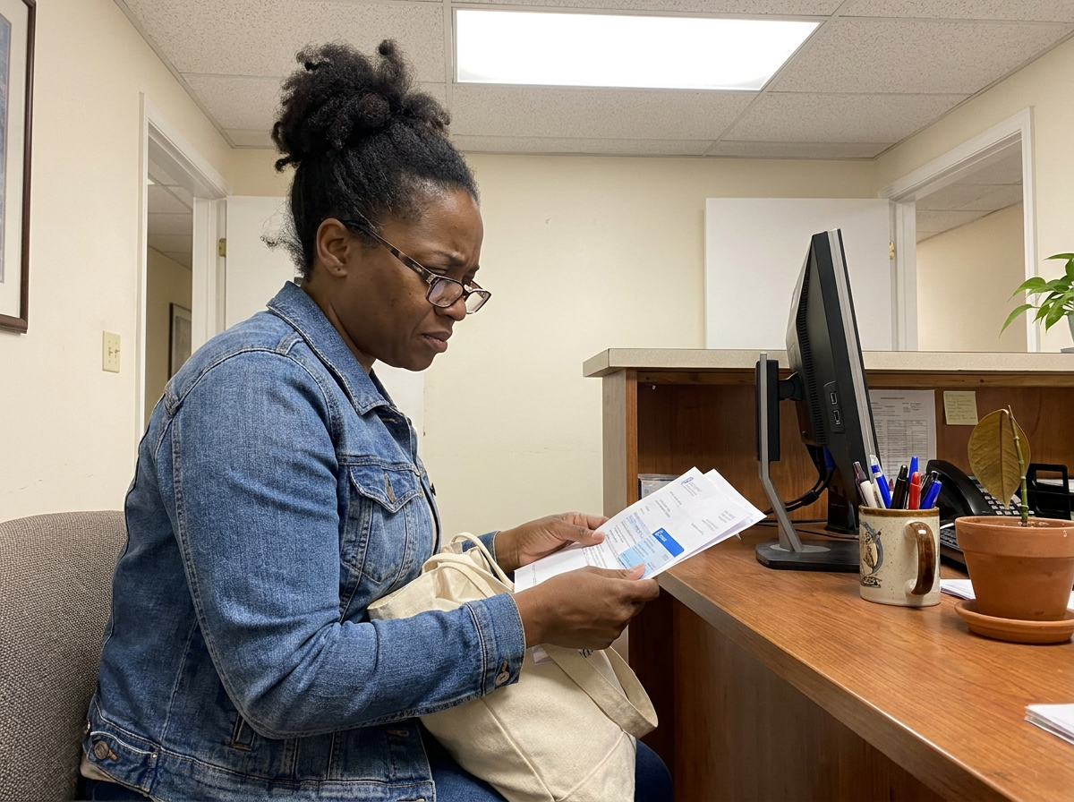 A woman in her mid-40s sitting at a clinic reception desk, reviewing paperwork with a slightly uncertain expression.