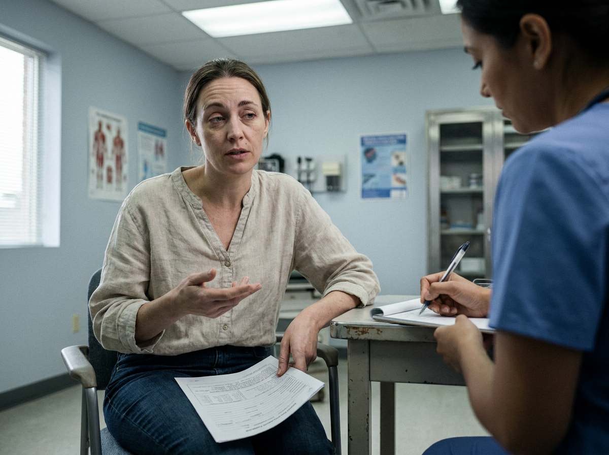 A woman in her late thirties talking with a healthcare provider across a clinic desk, mid-conversation, in flat fluorescent office light