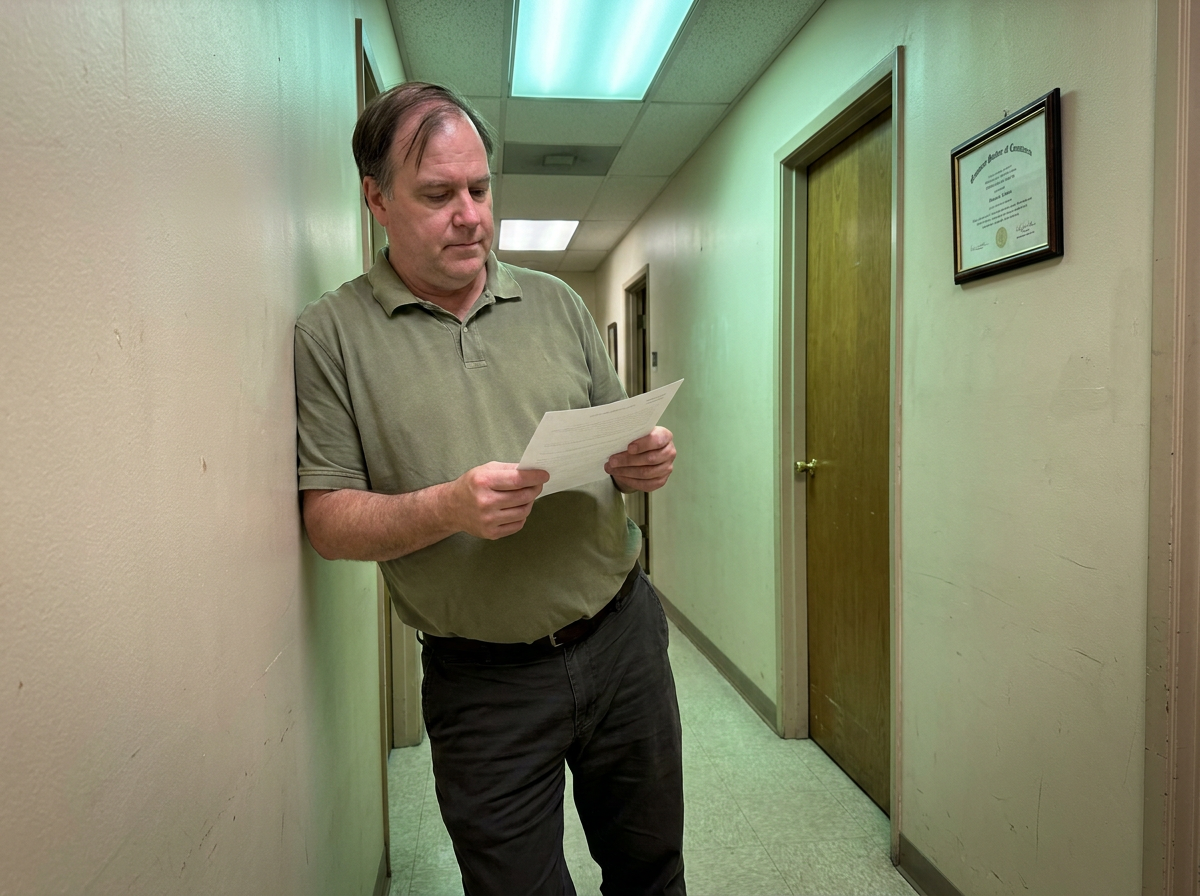 A middle-aged man reviewing paperwork in a chiropractic clinic hallway in Florida, overhead fluorescent light, candid moment