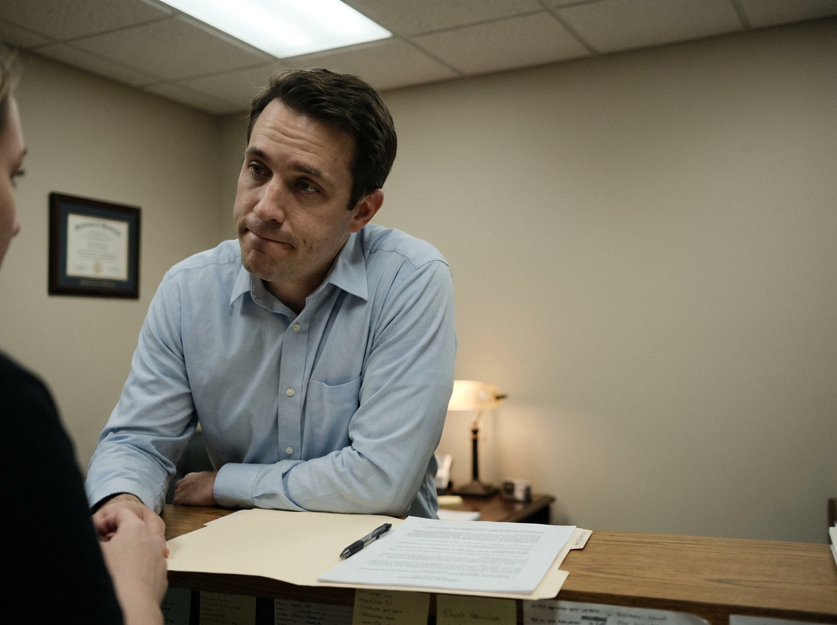 A man in his late thirties leans forward at a desk during a consultation, looking attentively at someone across from him