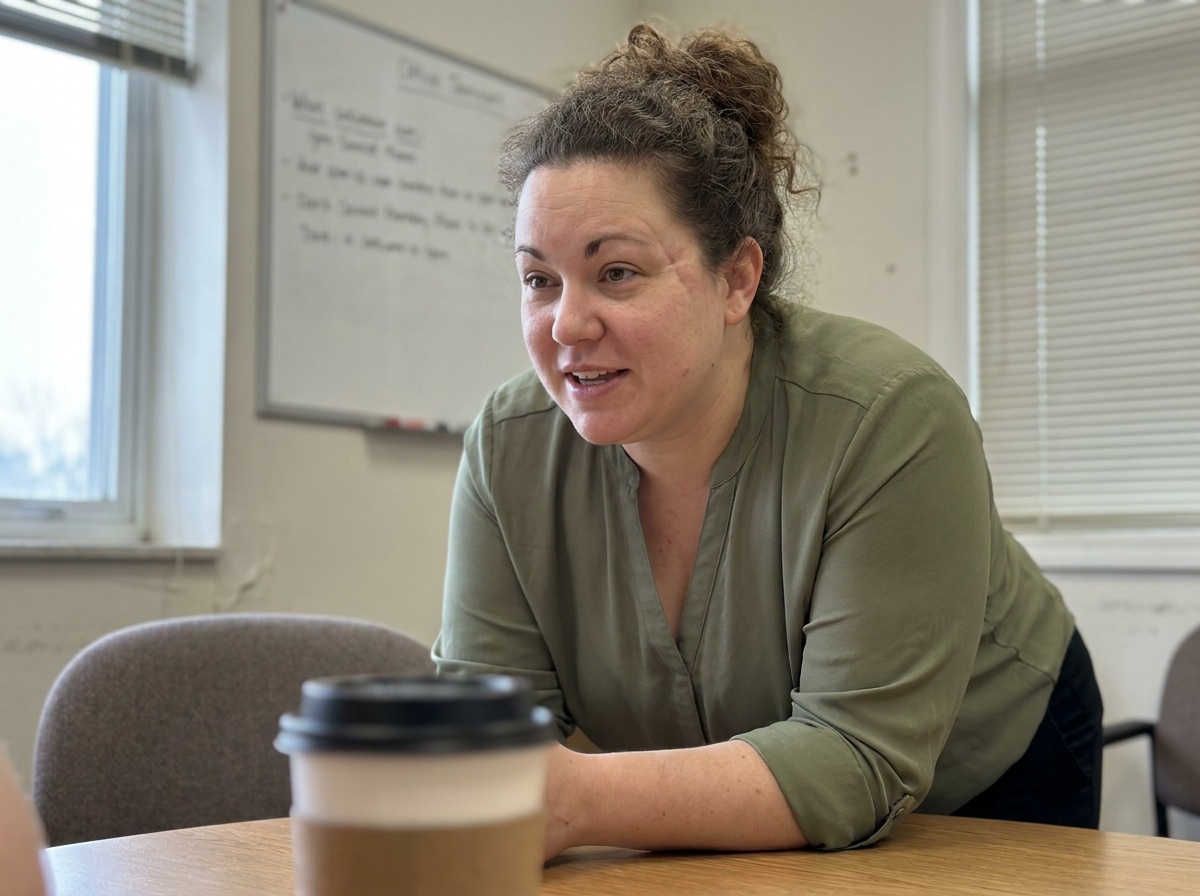 A woman in her mid-30s leaning forward at a desk and speaking to someone across from her in a plain clinical office under flat window light.