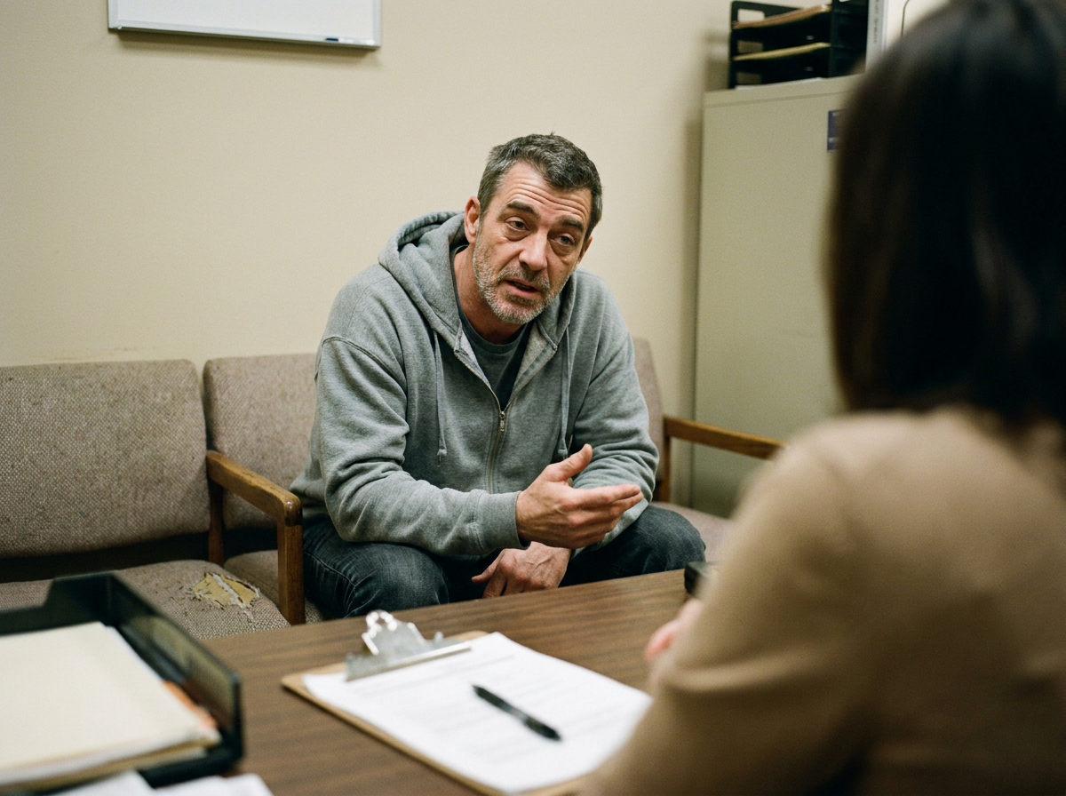 Middle-aged man in a hoodie leaning forward and talking during a consultation, fluorescent office lighting, shot on film