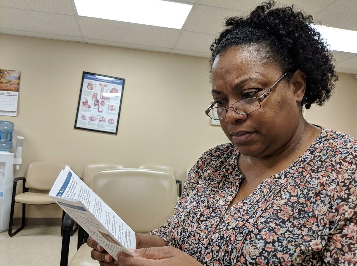 A woman sitting in a chiropractic office waiting room, reading an informational pamphlet before her appointment.