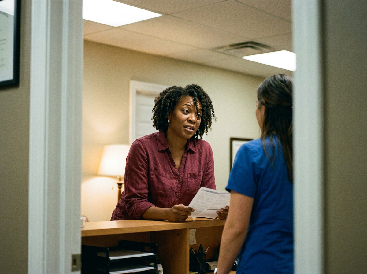 A Black woman in her mid-40s stands at a chiropractic office reception desk, speaking with a staff member and holding a folded paper, caught mid-conversation.