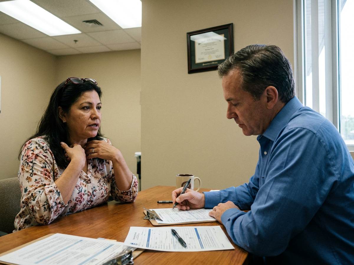 A Latina woman in her mid-40s talking with a male clinician across a desk during an intake appointment, gesturing as she describes her symptoms.