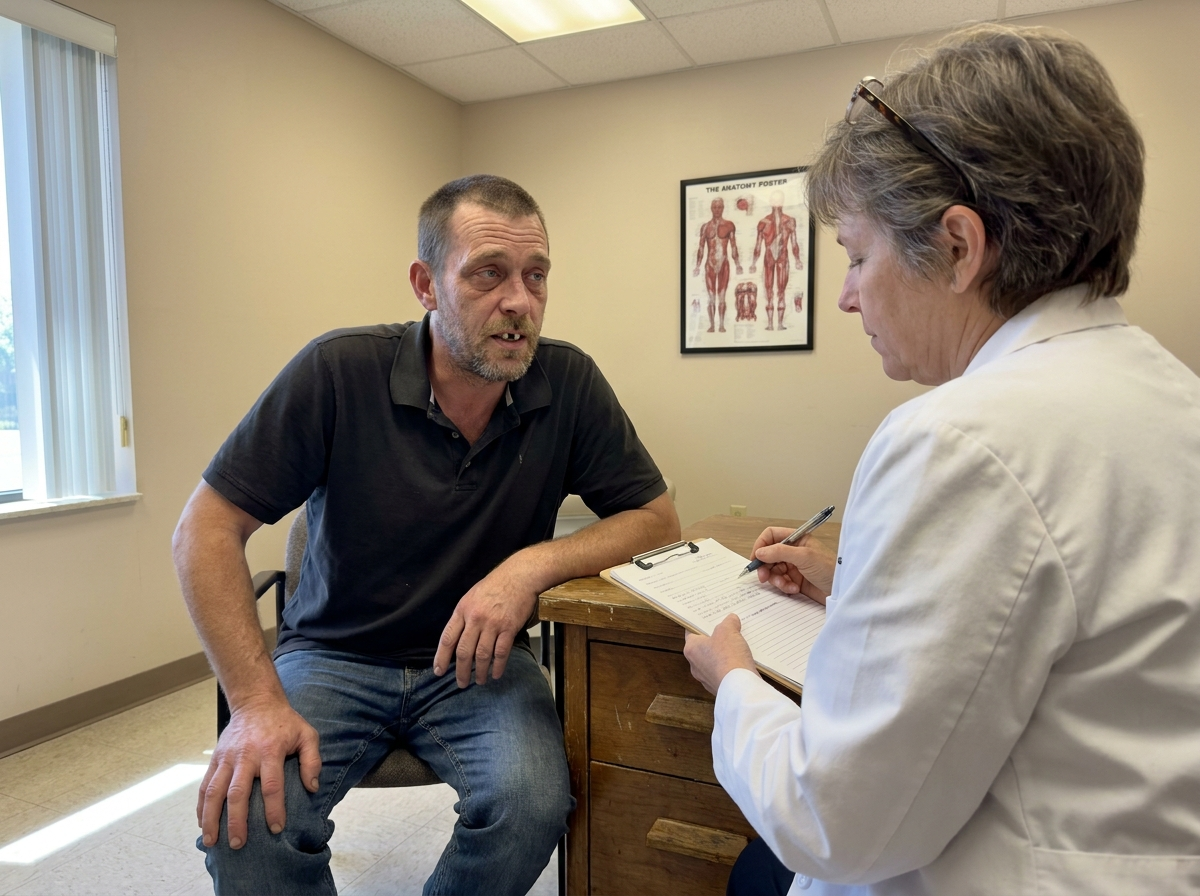 Patient in his 40s talking with a chiropractor in a plain exam room during an initial consultation