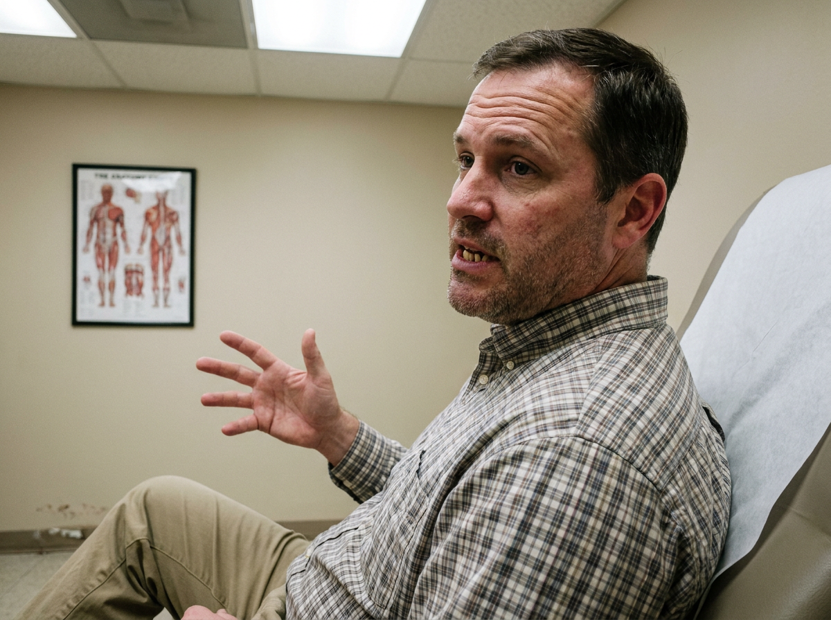Patient talking through his symptoms during an initial chiropractic consultation