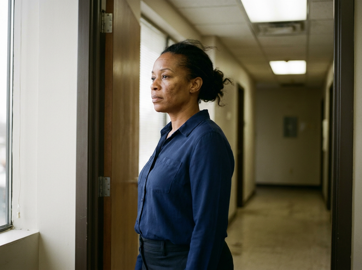 Woman in her mid-40s in a clinic hallway, turning her head slightly to one side in a quiet, candid moment