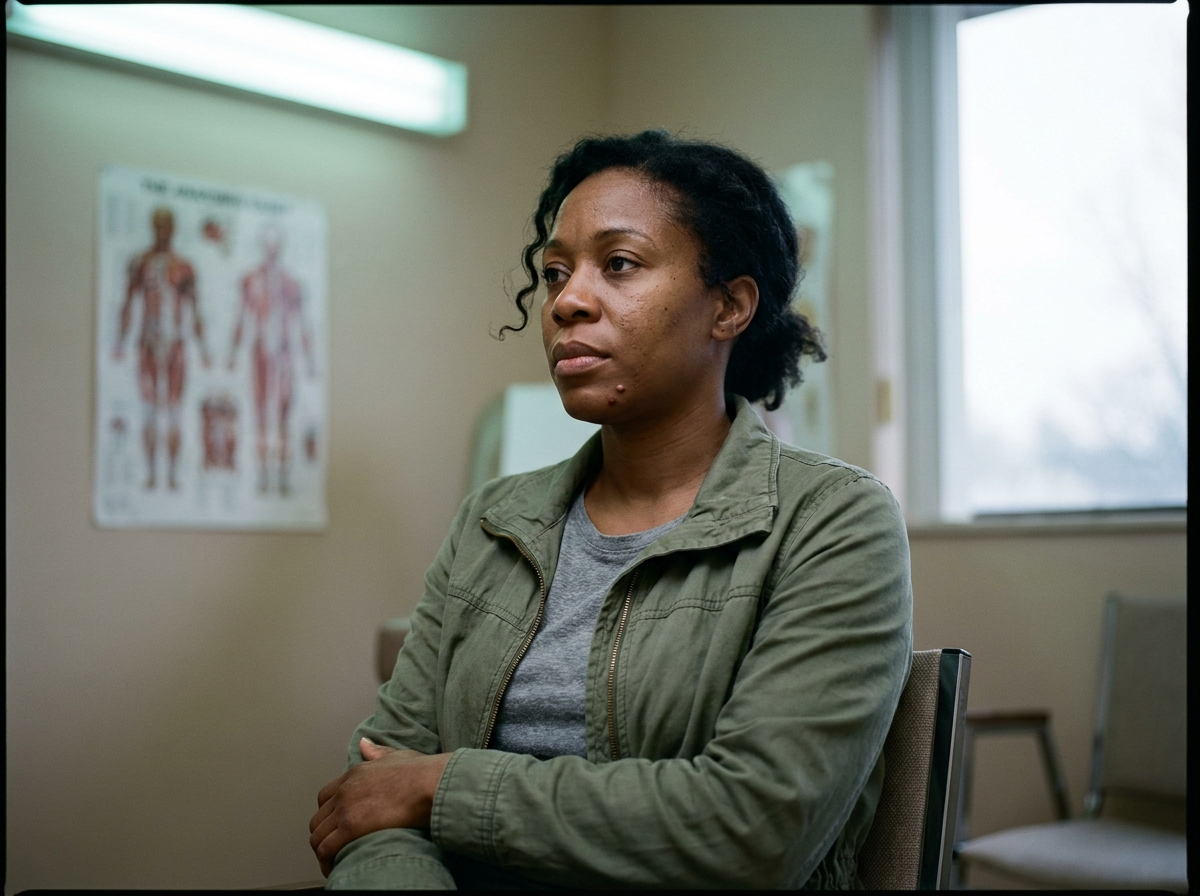 A Black woman in her late 30s sitting in a clinic exam room with a reflective, mid-thought expression, arms loosely crossed.