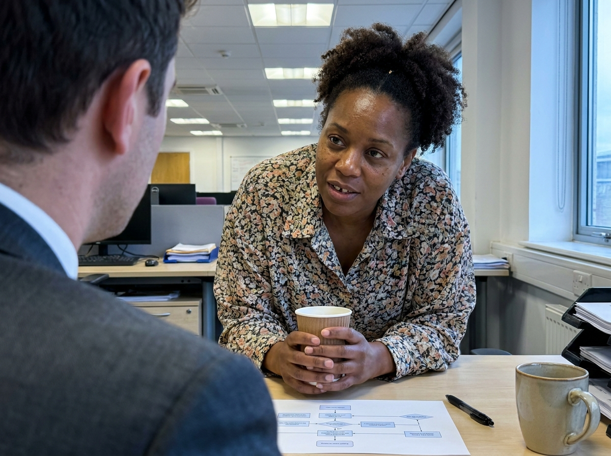 A woman in her early 40s leans forward attentively during a consultation in a chiropractic office, listening as a clinician explains findings.