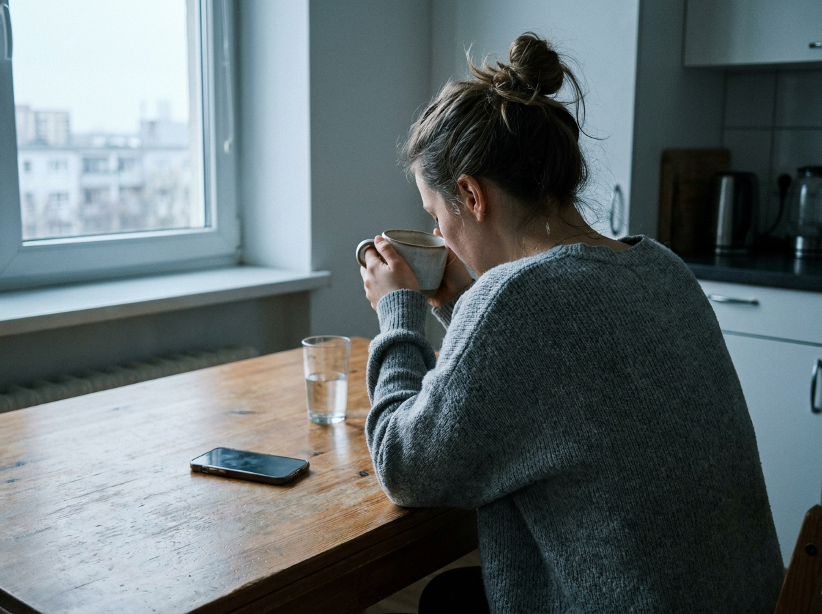 A woman sitting at her kitchen table in the morning, hunched over a coffee mug with stiff posture, appearing to have neck pain.
