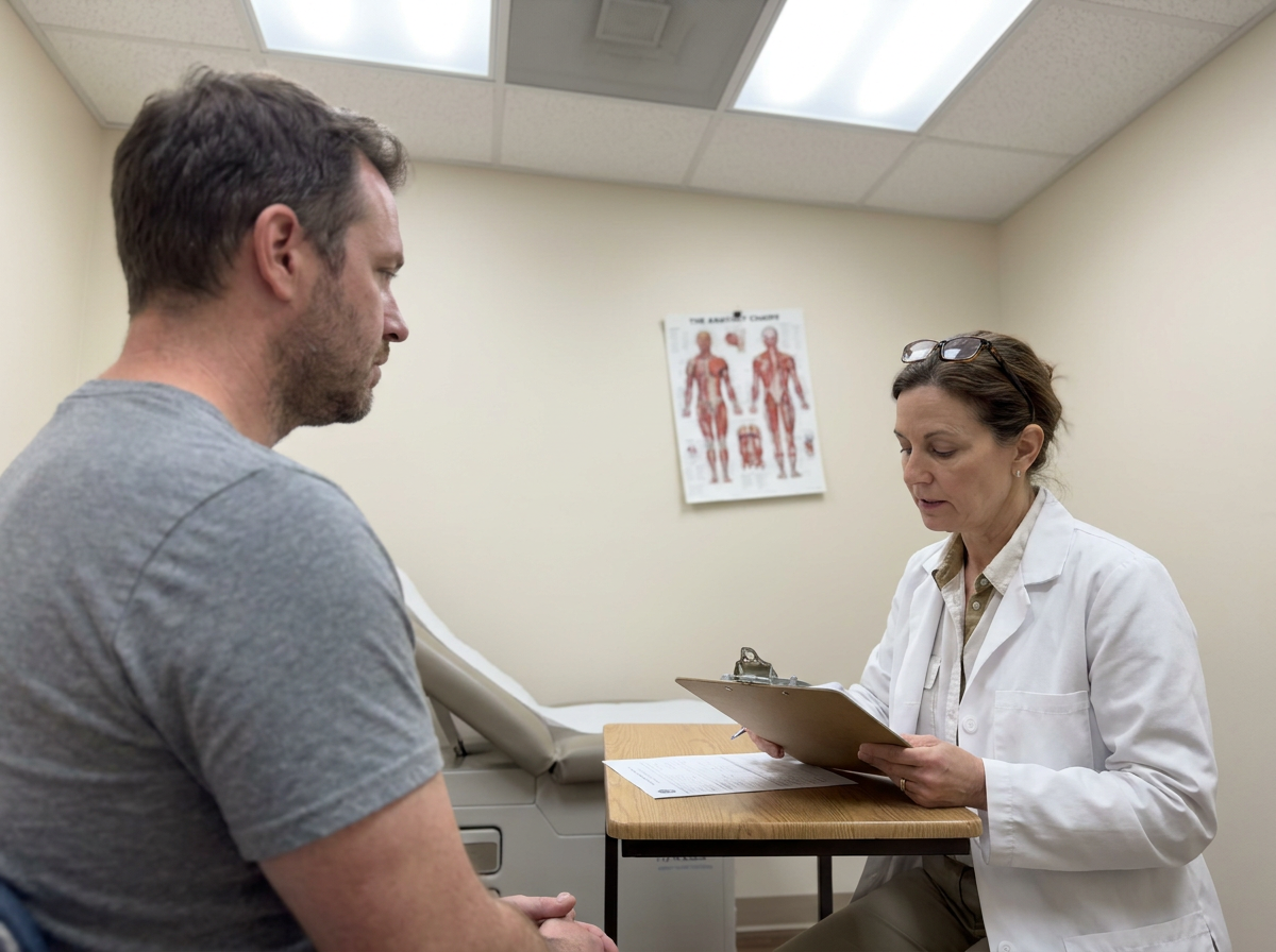 A man in his late thirties sitting across a desk from a female chiropractor reviewing paperwork together under fluorescent office lighting.