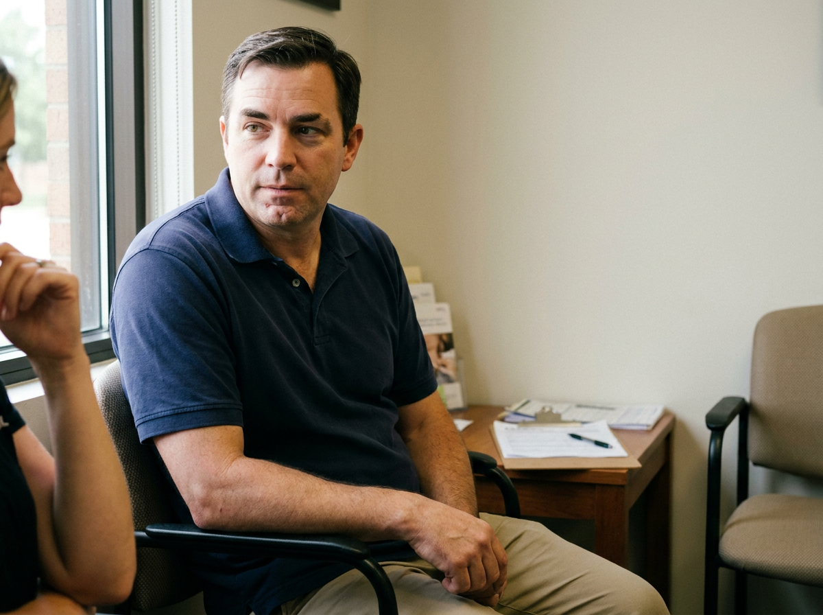 Middle-aged man sitting in a clinical office chair listening attentively during a consultation, viewed from a slight angle