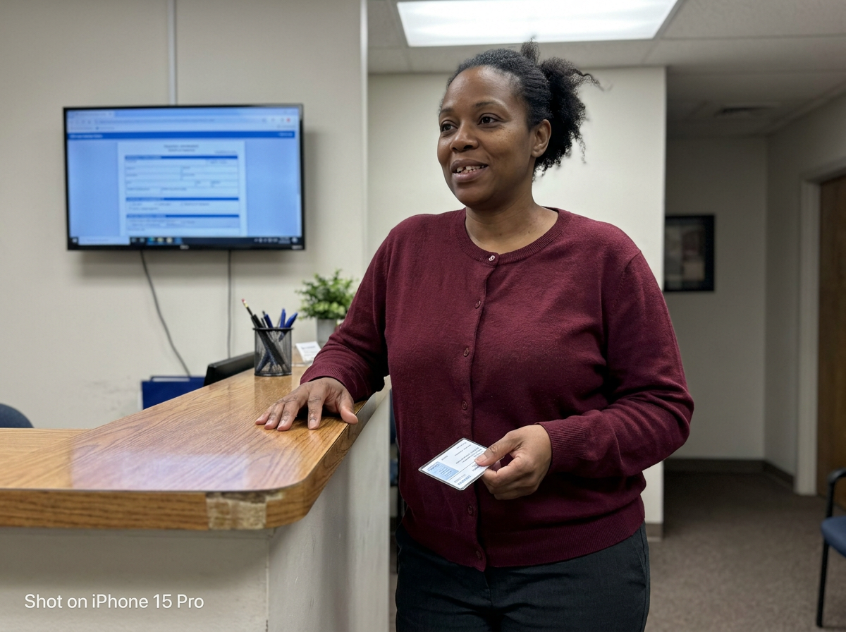 Woman speaking with clinic staff at a reception desk, holding an insurance card, fluorescent office lighting