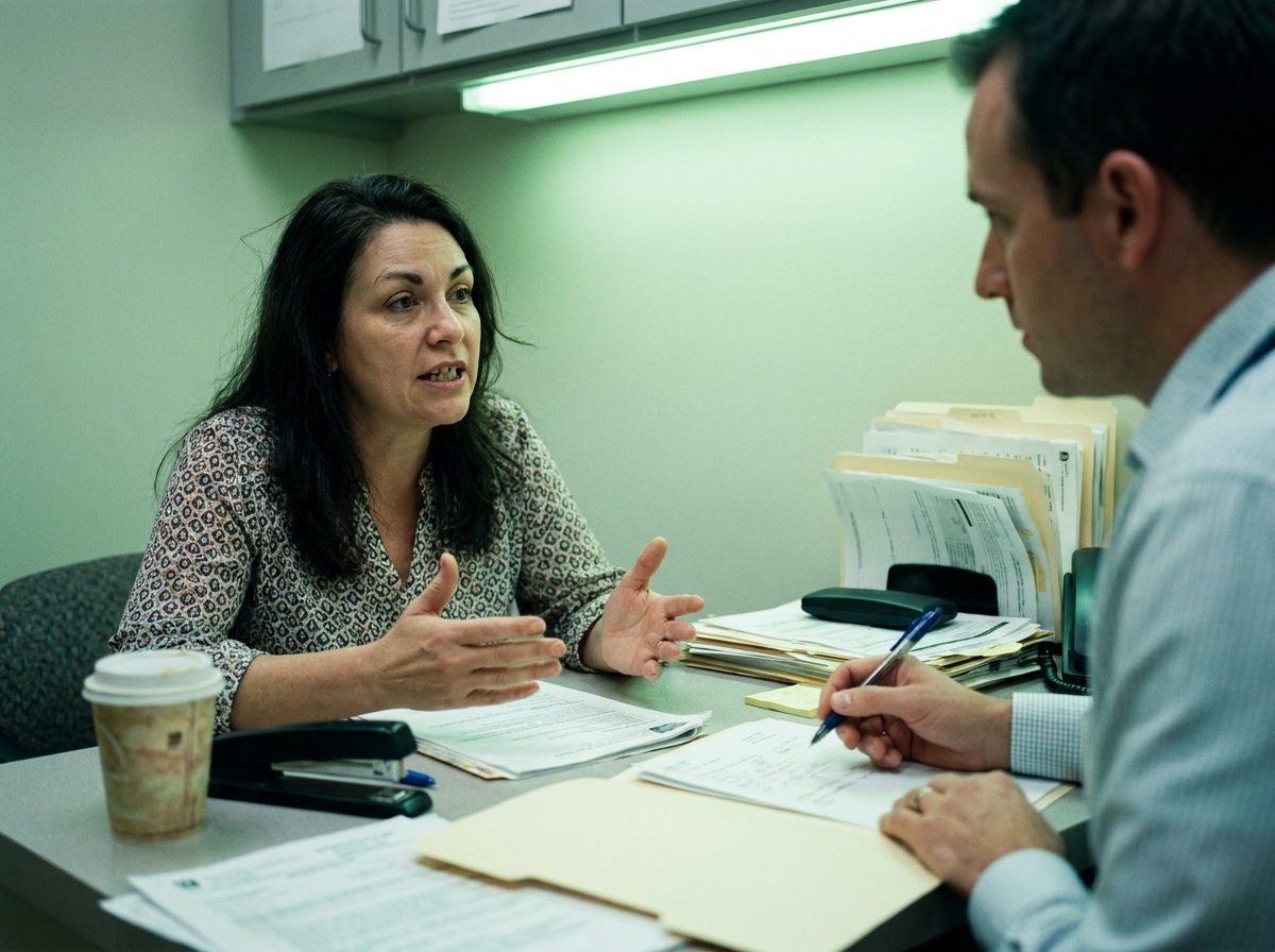 A woman in her mid-40s talks across a desk to a provider in a small clinic office, caught mid-sentence while gesturing.