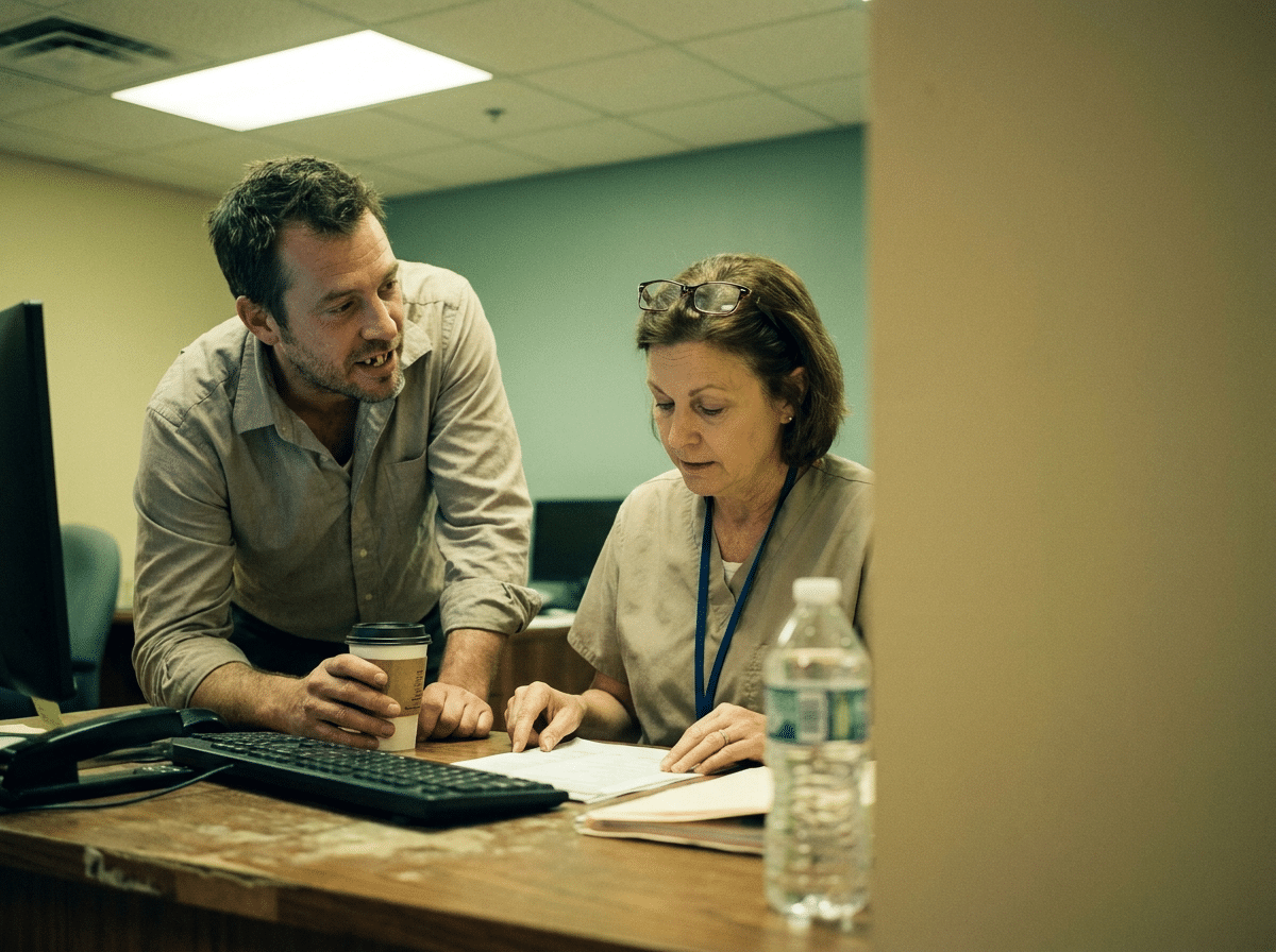 A man in his late 30s talks with a clinic staff member across a cluttered desk, mid-conversation, shot on 35mm film