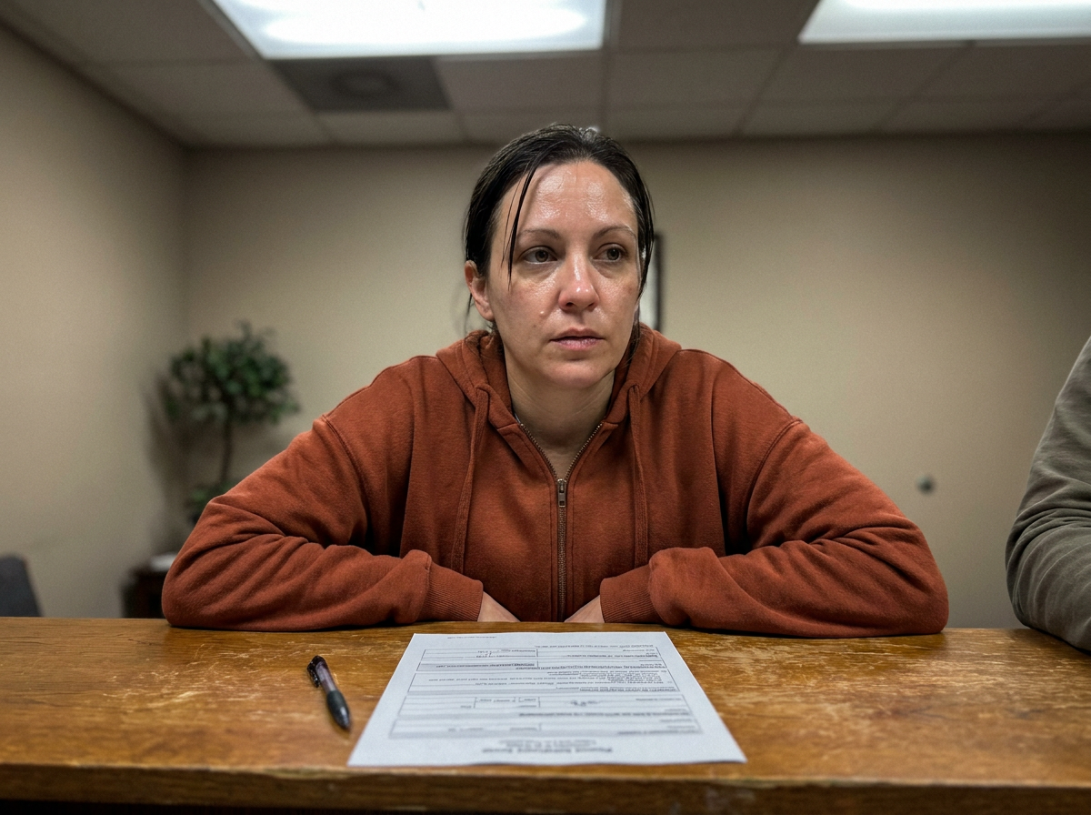 A woman in her late thirties leaning over a desk reviewing paperwork during a medical intake visit, lit by flat office fluorescent light.
