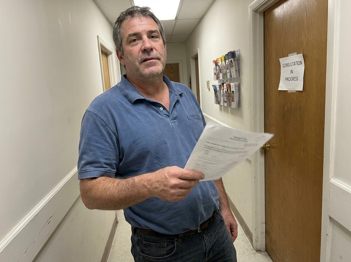 A middle-aged man reading a printed document in a clinic hallway during a visit