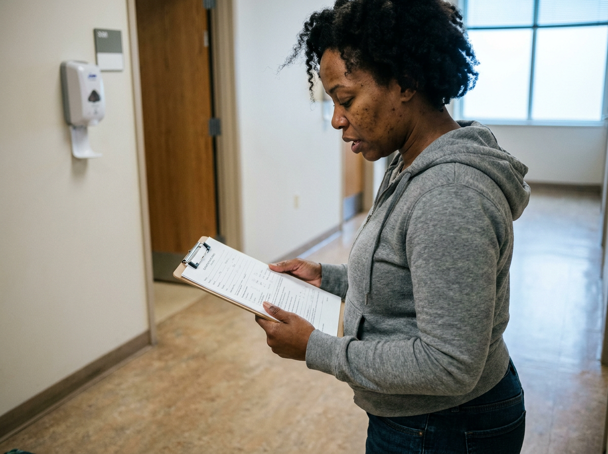 A patient reviewing paperwork in a clinic hallway before her first chiropractic appointment.