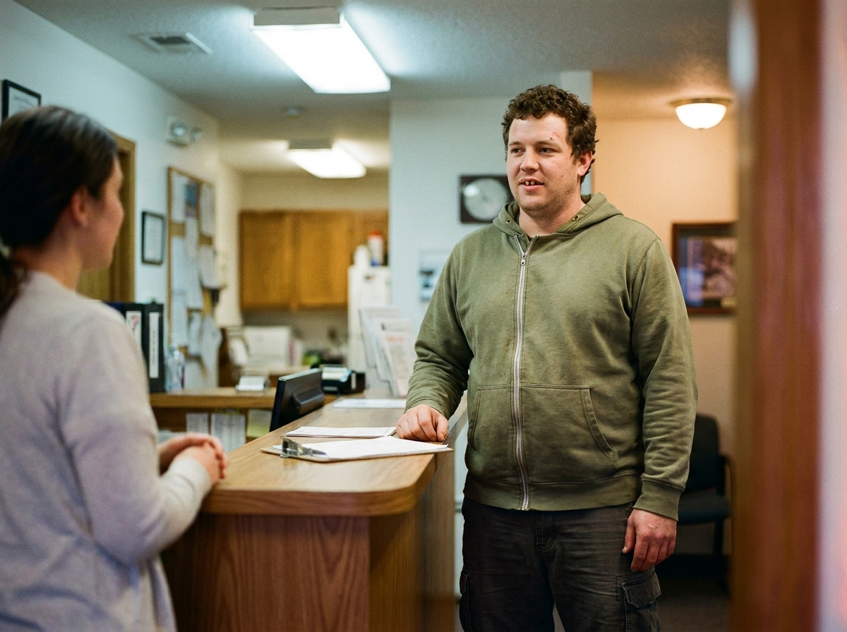 Man in casual clothes talking to a receptionist at a clinic front desk, caught mid-sentence in flat fluorescent office light