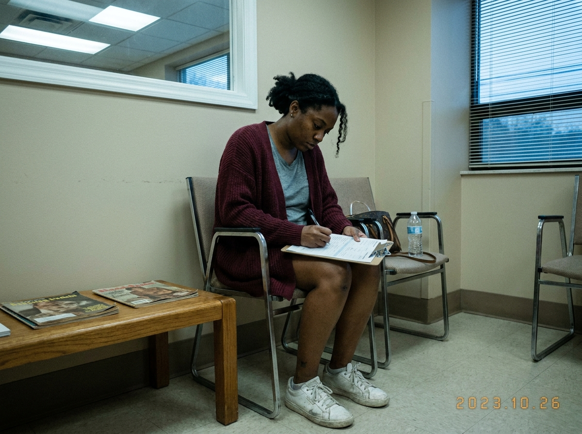 A woman in her late 30s sits in a chiropractic clinic waiting room filling out intake paperwork on a clipboard, her purse resting in the chair beside her.