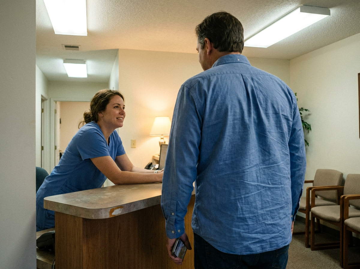 A man in his early 30s talking with a receptionist at a small clinic front desk, relaxed and mid-conversation.