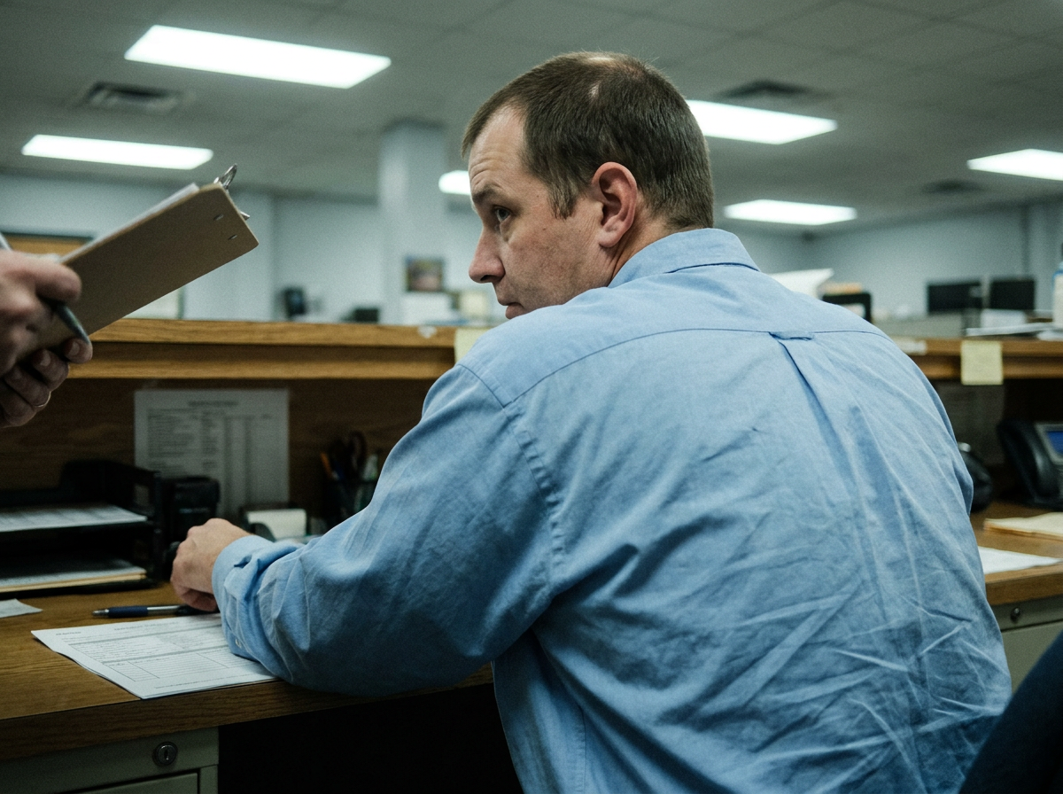 A man in his late 30s seated at a desk reviewing intake paperwork during what appears to be a medical office visit.