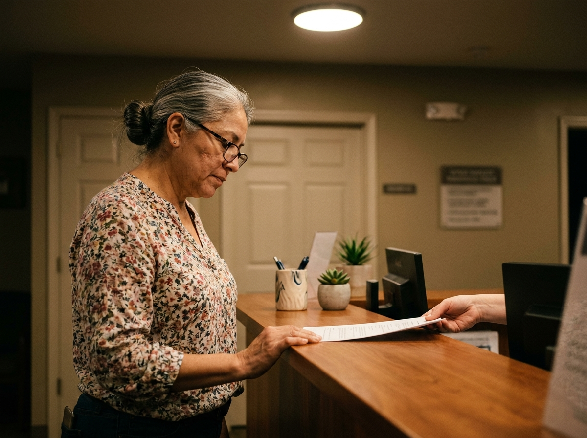 A Hispanic woman in her early 50s stands at a clinic reception desk reviewing a printed document with her reading glasses on, the front office visible behind her.