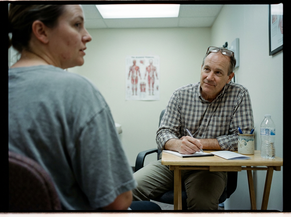 Patient speaking with a clinician across a desk in a plain consultation room during an initial appointment