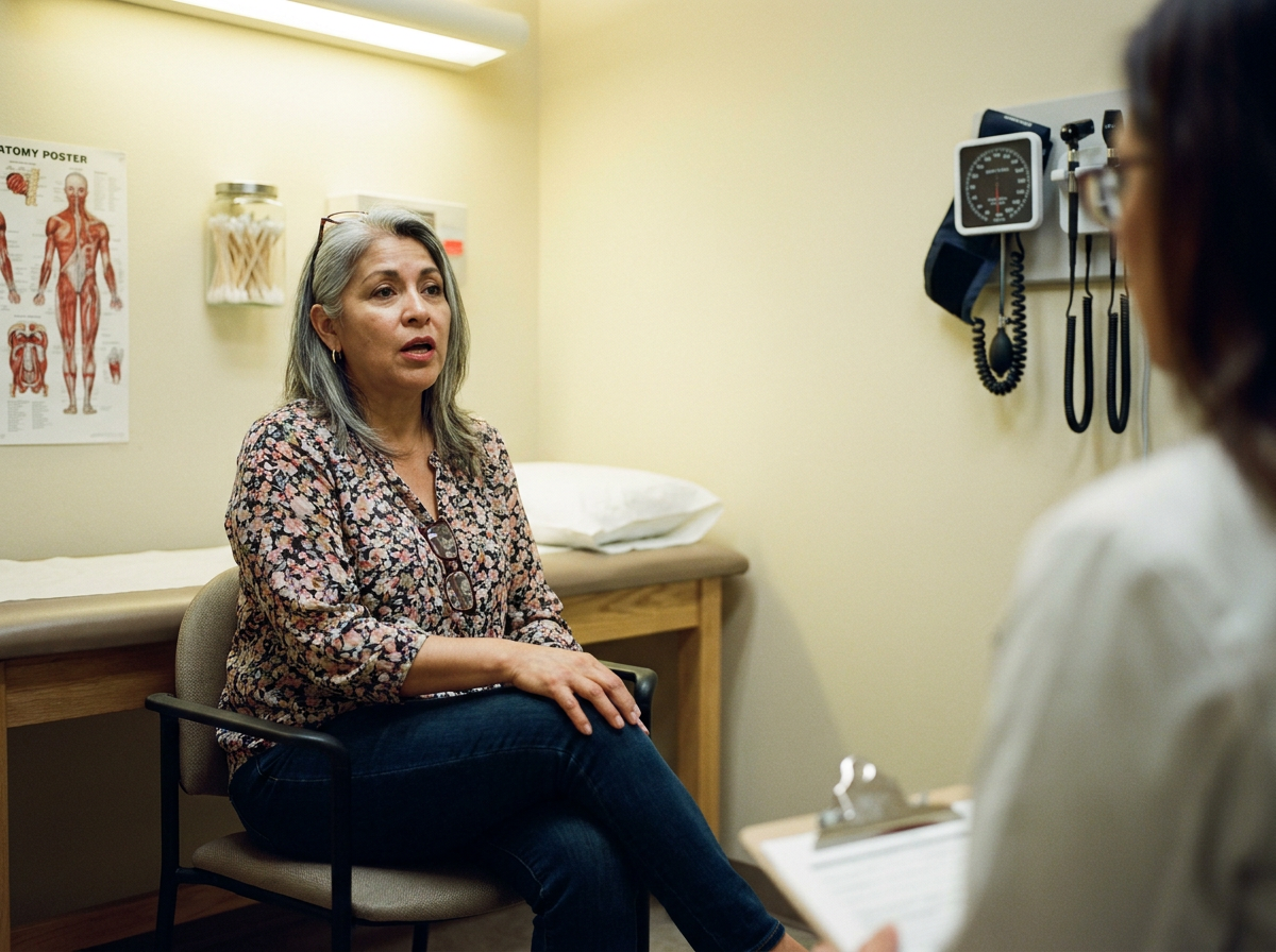 A woman in her early 50s in a clinic consultation room, mid-conversation, gesturing with one hand while seated.