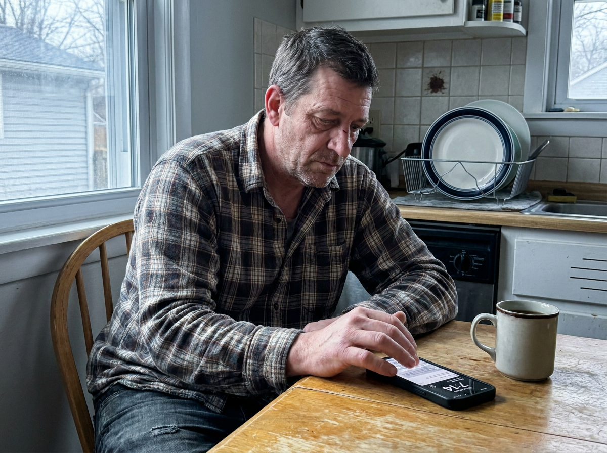 A tired middle-aged man in yesterday's clothes scrolling his phone at a kitchen table in the morning, lit by dull window light