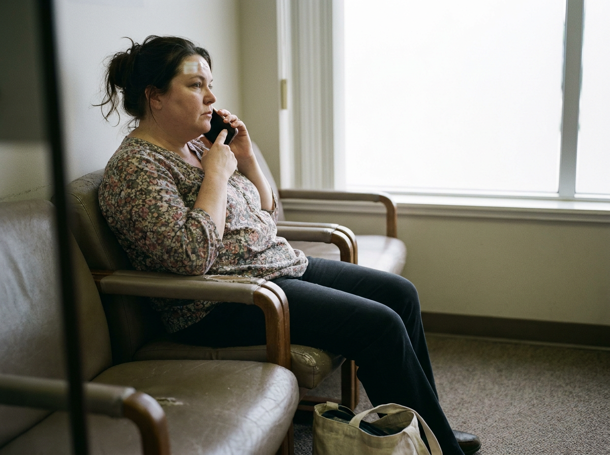 A Spanish-speaking woman in her mid-40s in a chiropractic clinic waiting area after a call, diffused daylight, candid and relaxed