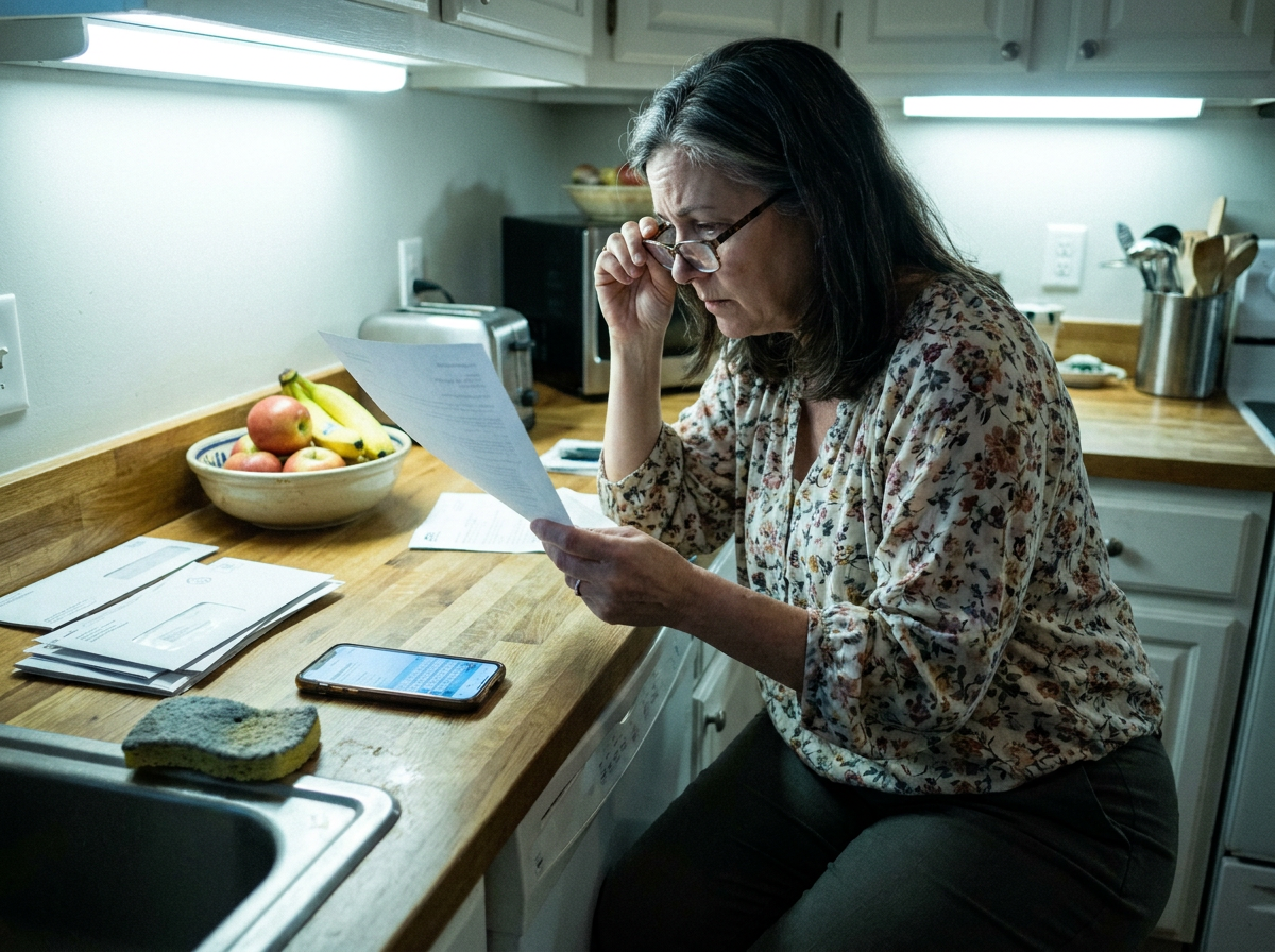 A woman in her early fifties stands at a kitchen counter reading a document, glasses on, expression focused, phone lit up beside her