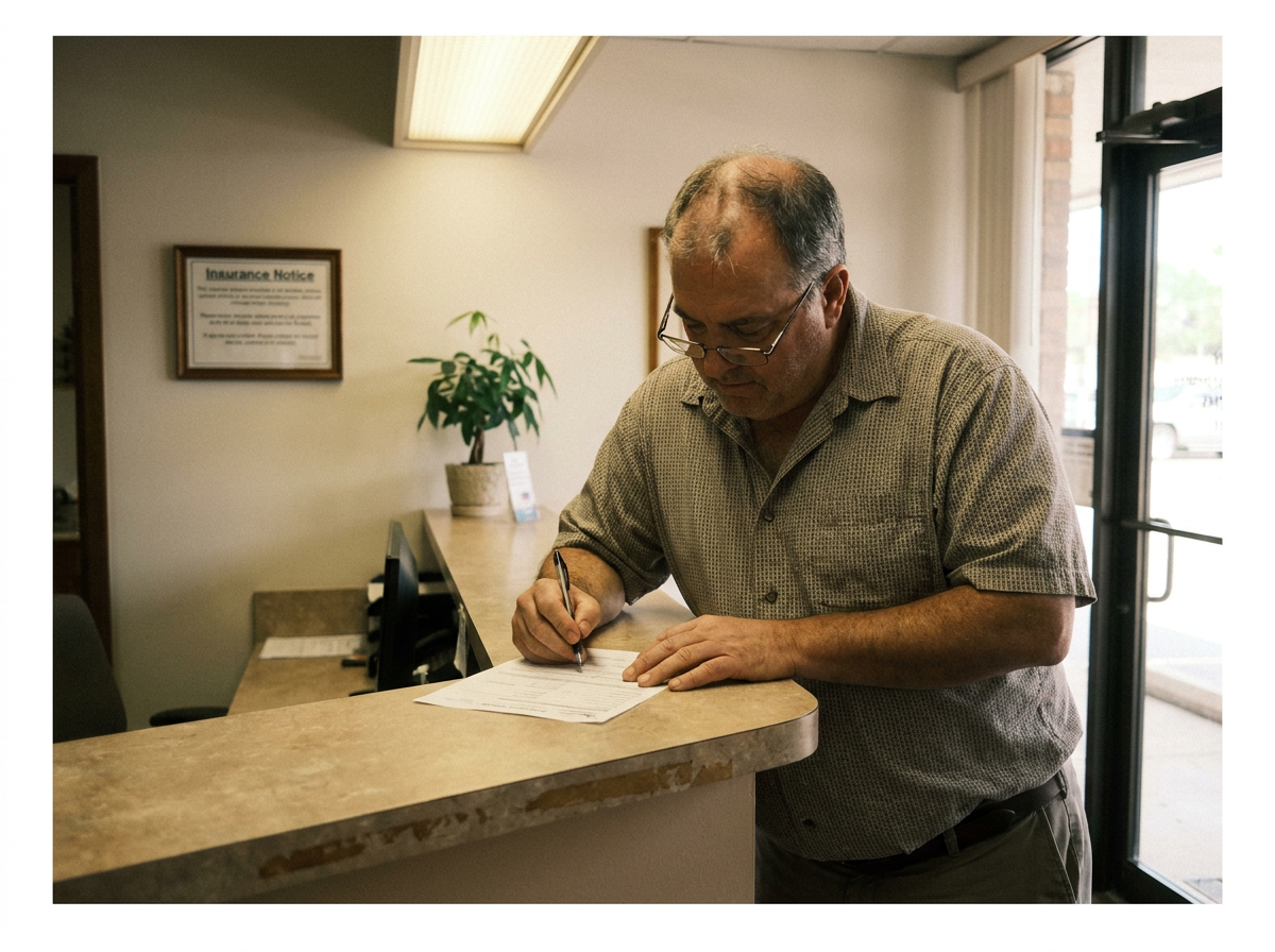 An older heavyset man in a casual button shirt standing at a clinic reception counter, filling out paperwork with a pen, reading glasses on.