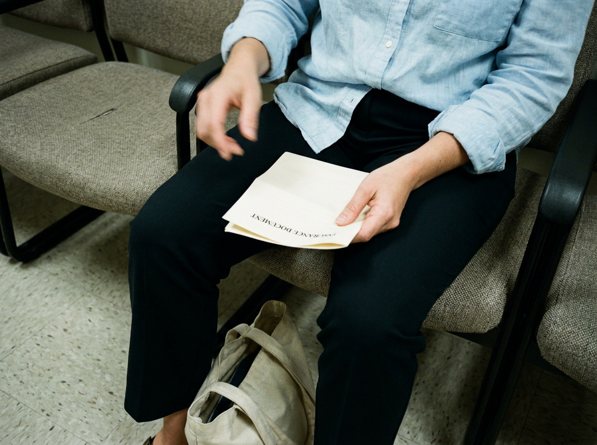 Woman seated in a waiting room holding an insurance document loosely in her lap, fluorescent light, film grain
