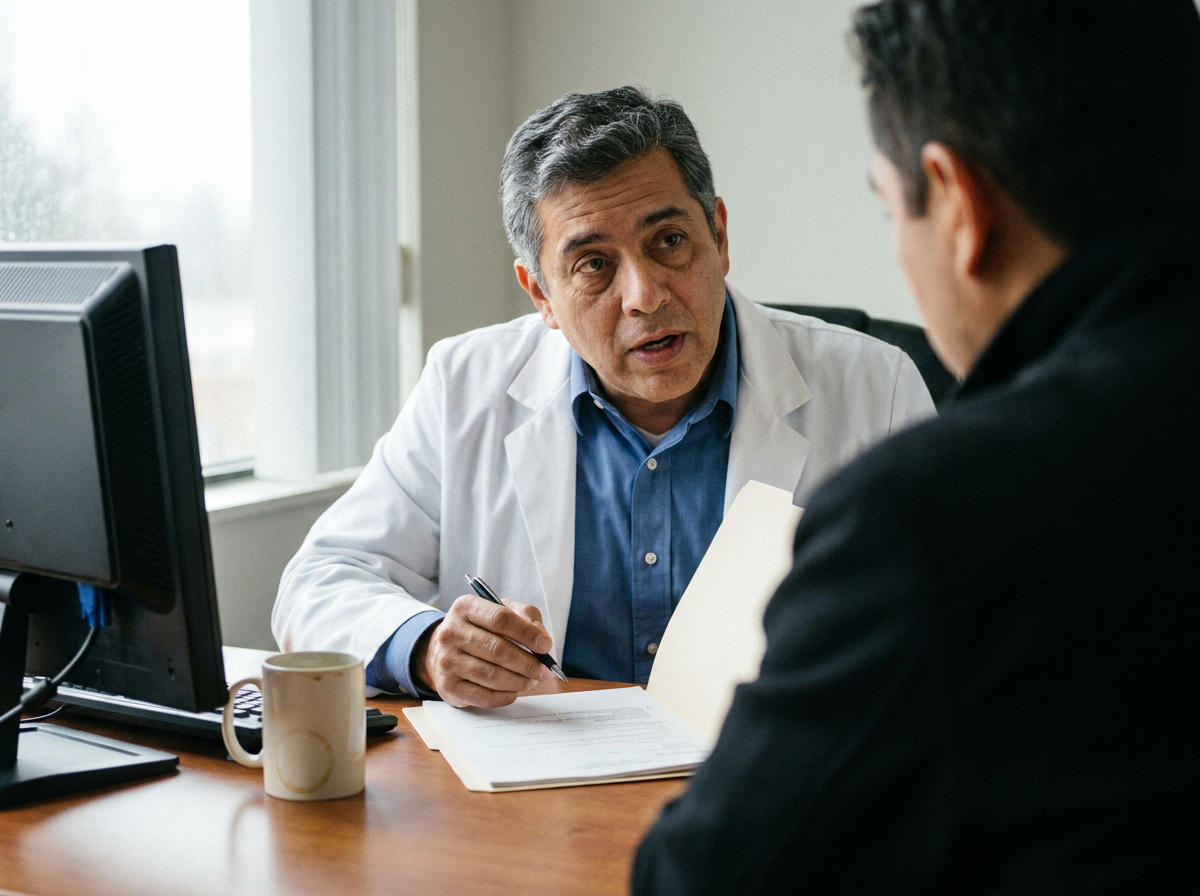 A chiropractor leaning across his desk, reviewing paperwork with a patient during a first consultation after a car accident.