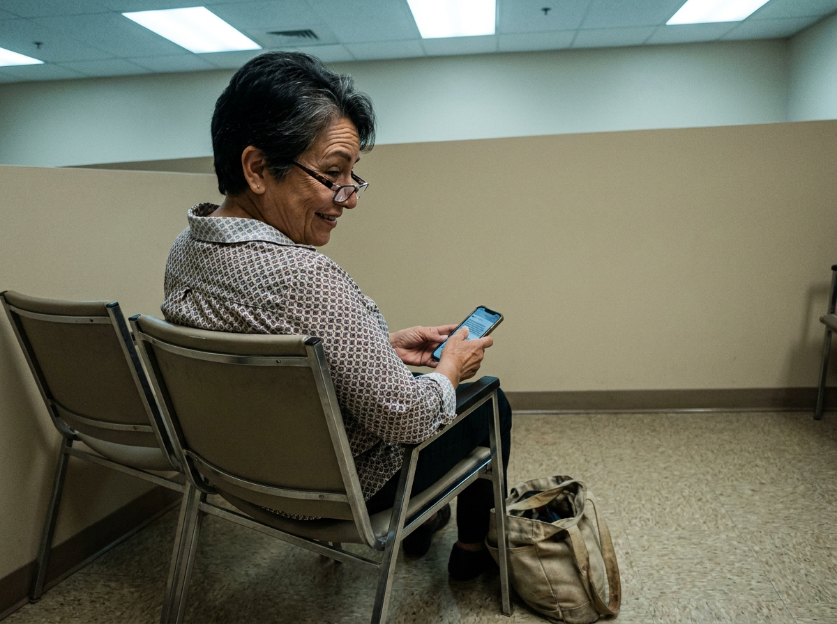 A Hispanic woman in her early 50s sits in a clinic waiting room, reading her phone through slightly crooked reading glasses, a tote bag on the floor beside her.