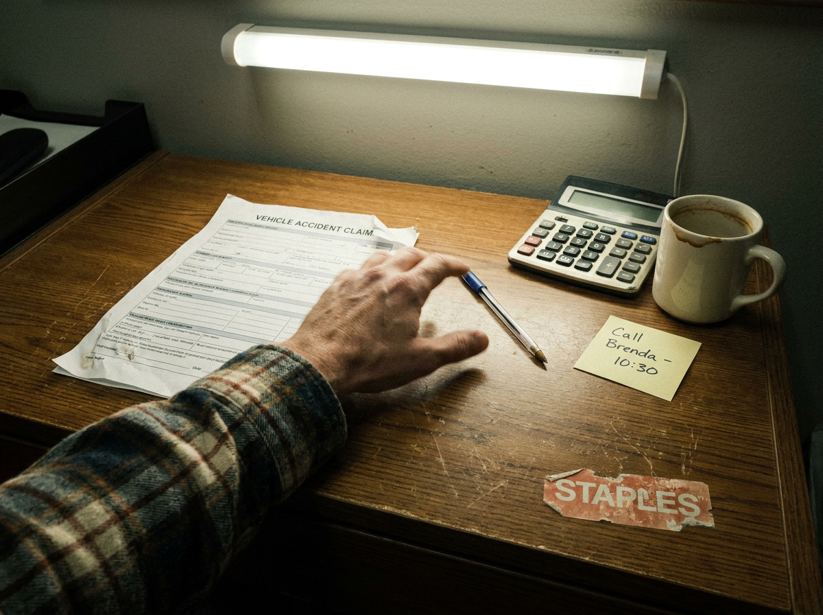 A cluttered desk with insurance paperwork, a pen, and a coffee-stained cup under fluorescent office light, a shirtsleeve reaching into frame.