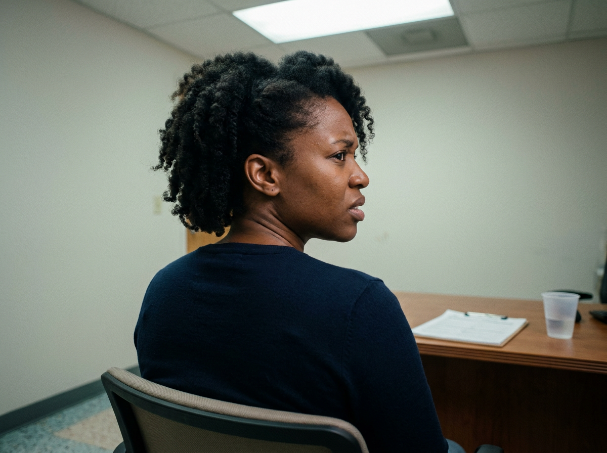A Black woman in her early 30s seated in a consultation room, turning her head slowly to the right with a look of focused effort.