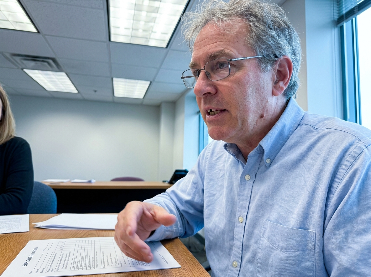 Man in his early 50s sitting at a desk mid-conversation, papers in front of him, caught speaking candidly